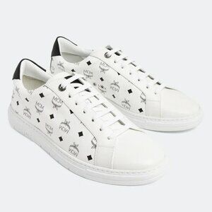MCM Men's Terrain Derby Visetos Logo White Leather Sneakers Size 46 (MSRP $450)